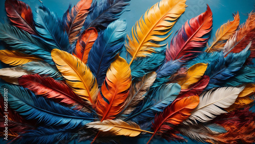 A background of colorful feathers on a blue surface