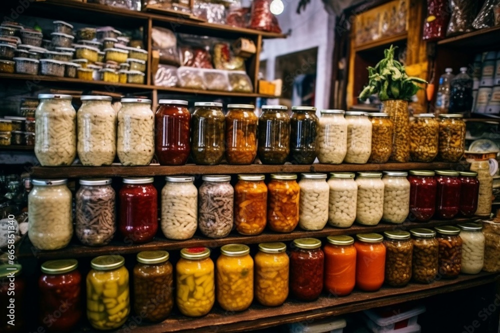 A marketplace full of diverse fermented foods for sale. Generative AI