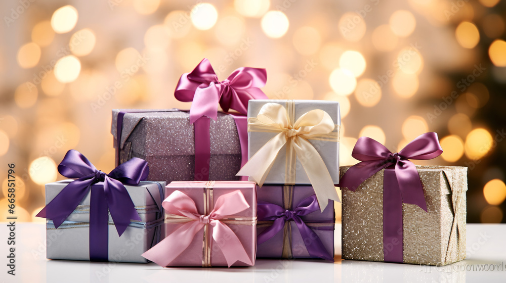 Bow wrapped Christmas presents, gifts with a blurred bokeh background 
