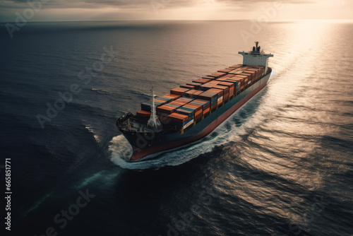 Container ship in the sea. Freight transportation and logistics concept.