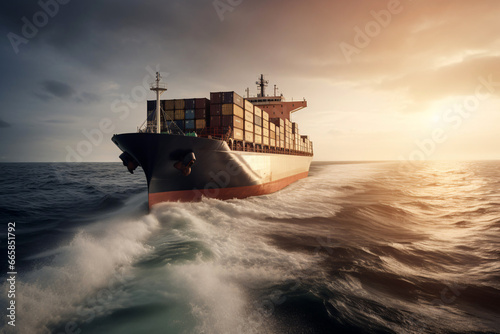 Container ship in the sea. Freight transportation and logistics concept.