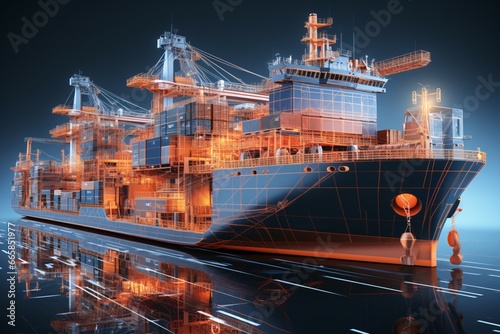 Large container ship with a lot of containers in the sea. Freight transportation concept.