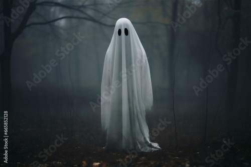A ghost in a white sheet with black eyes standing in autumn woods for Halloween