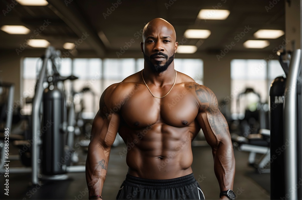 Portrait of handsome african american male model, bodybuilder fitness trainer, flexing muscles in the gym, bodybuilding and fitness concept background Portrait of handsome african american male model, bodybuilder fitness trainer, flexing muscles in the gym, bodybuilding and fitness concept background