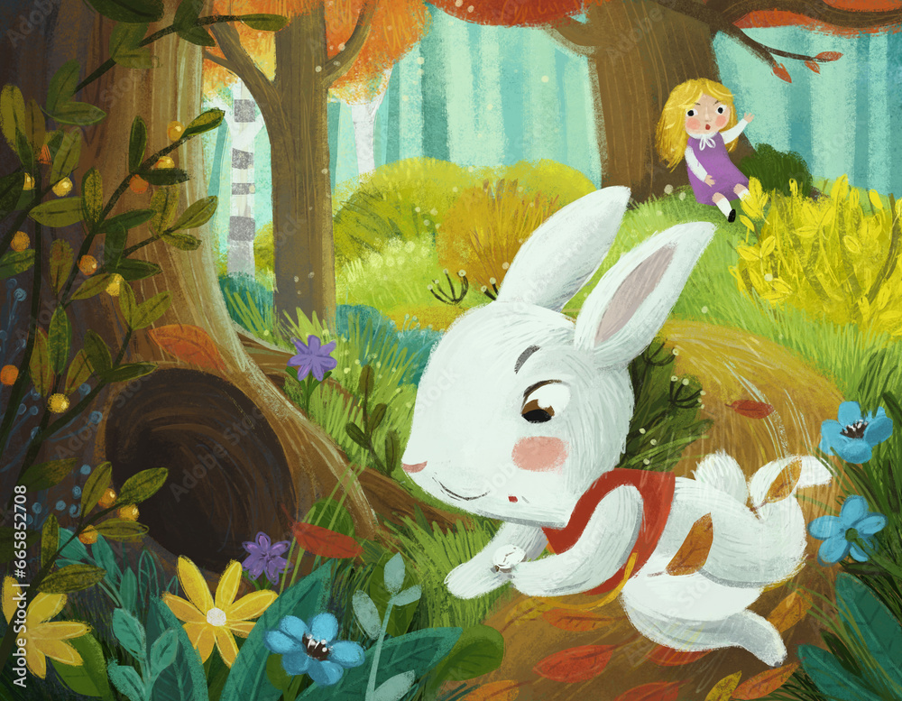 cartoon scene with little girl seeing nobleman rabbit running to the ...