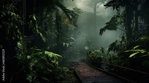 Tropical rainforest with fog in the morning.