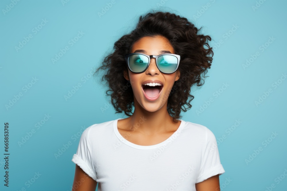 Surprised woman model with sunglasses. Isolated on a blue background. Generative AI.