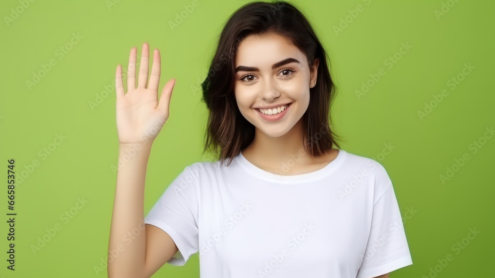 Young Brunette Woman Smiling and Waving Hand. Isolated on a green background. Generative AI. Young Brunette Woman Smiling and Waving Hand. Isolated on a green background. Generative AI.