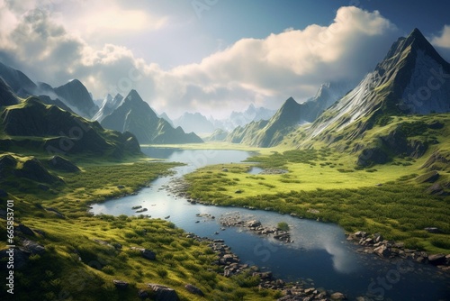 Scenic view of mountainous terrain with a serene lake. Generative AI