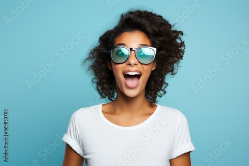 Surprised woman model with sunglasses. Isolated on a blue background. Generative AI.