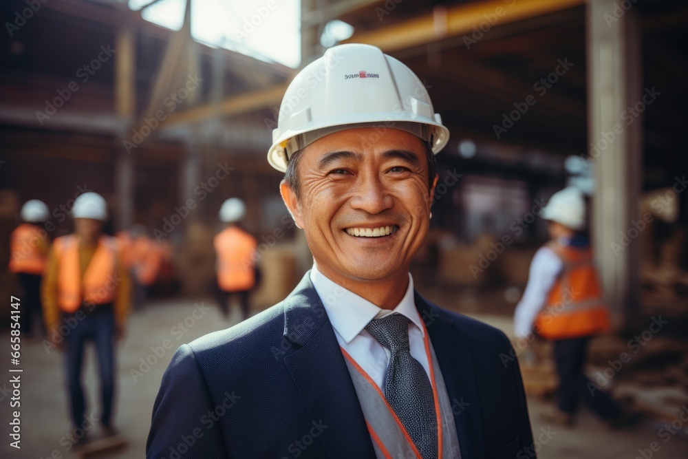 Smiling portrait of a middle aged businessman in a construction site Smiling portrait of a middle aged businessman in a construction site