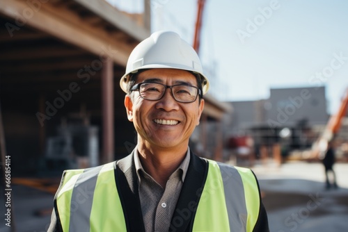 Smiling portrait of a middle aged businessman in a construction site
