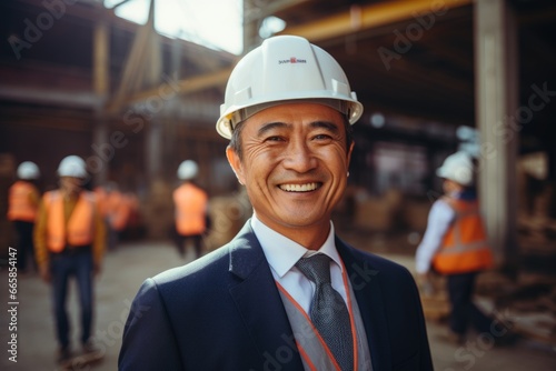 Smiling portrait of a middle aged businessman in a construction site © NikoG