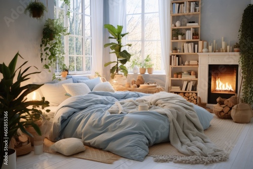 Interior of a cozy bedroom with plants.