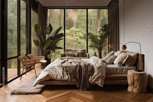 Interior of a cozy bedroom with plants. © LeitnerR