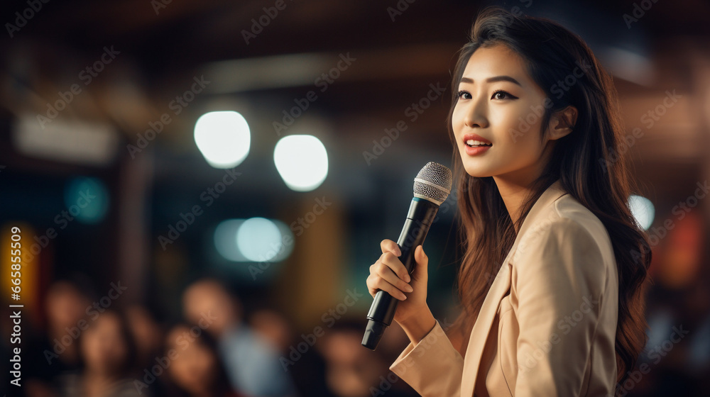 A woman speaking on stage during a conference, event, or seminar Public Speaking - obrazy, fototapety, plakaty 