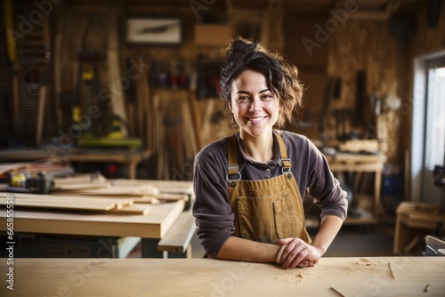 Happy female carpenter at work.