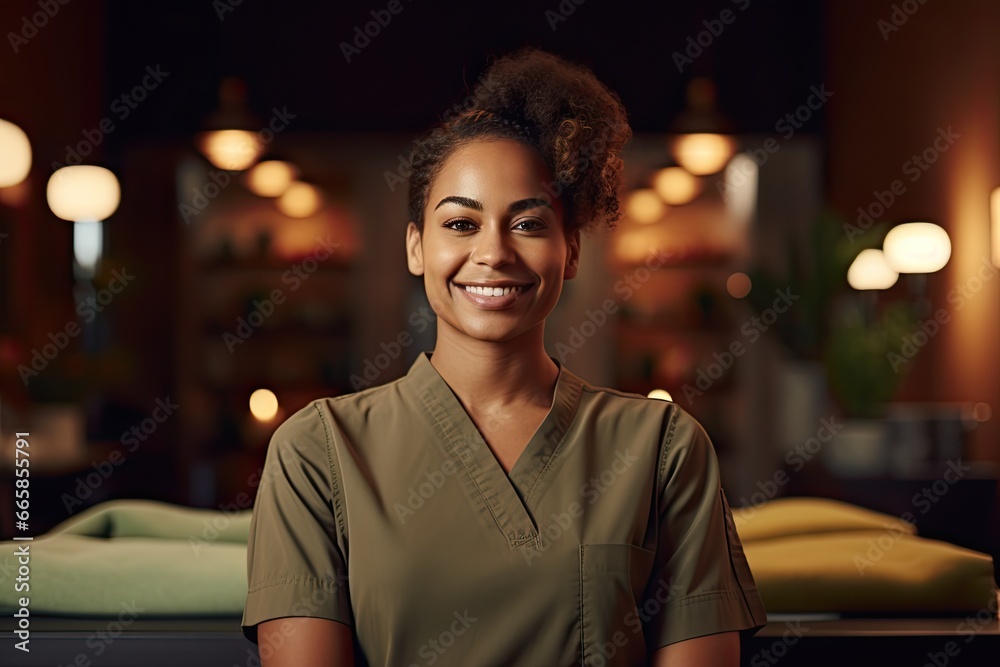 Portrait of a female masseuse at work. Portrait of a female masseuse at work.