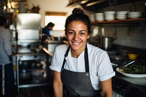 Fototapeta Naklejka Na Ścianę i Meble -  Portrait of a smiling cook in the restaurant kitchen.