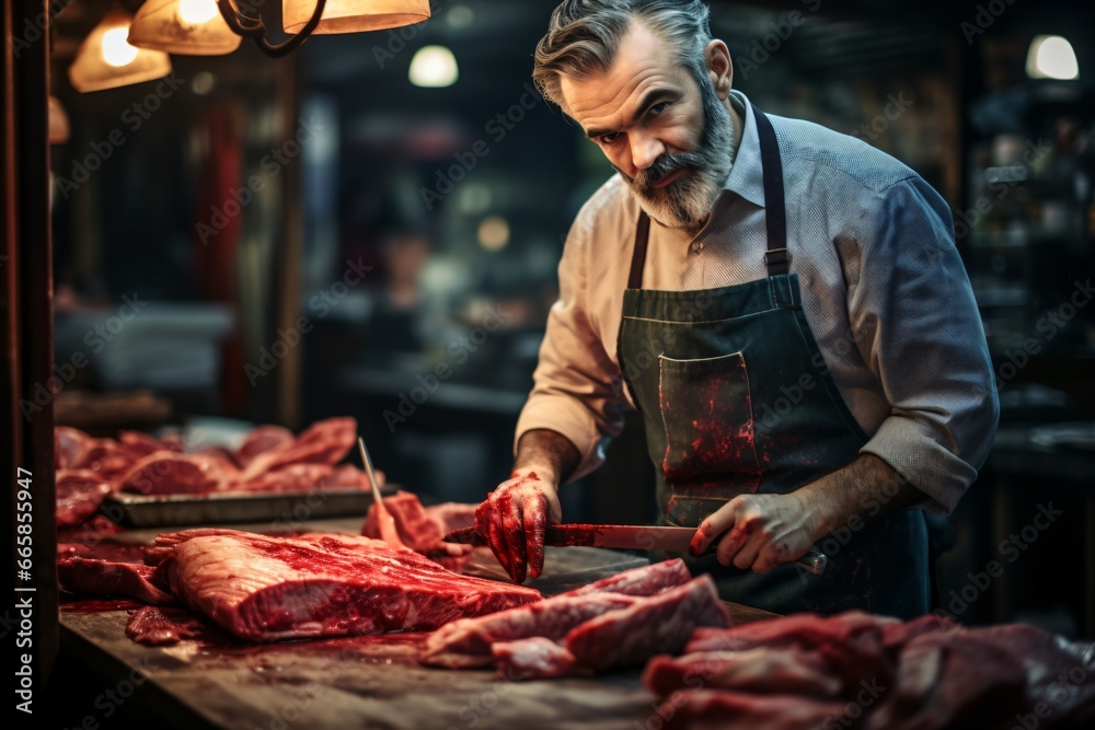 A butcher cutting meat on the table
