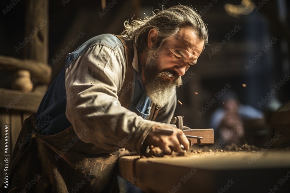 A carpenter cutting wood in the workshop A carpenter cutting wood in the workshop