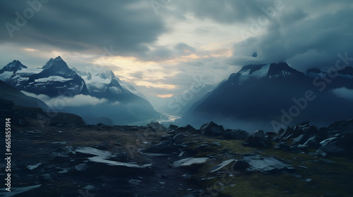 At the break of dawn, a snow-capped, mist-shrouded mountain range overlooks a winding river below.