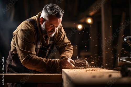 A carpenter cutting wood in the workshop