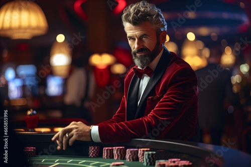 A man at a casino table playing poker and cards