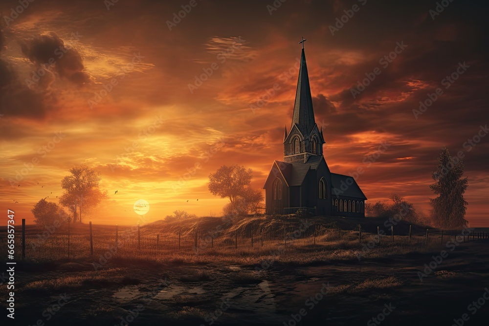 Obraz premium Sunset over the church spiritual inspiration