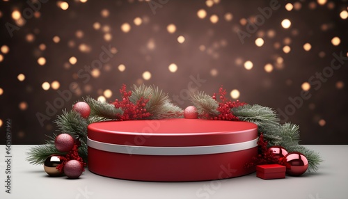 Podio vacío rojo para exhibición de producto con decoración navideña sobre fondo con brillo photo