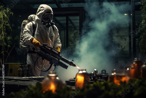 A pest control worker spraying pesticides to kills insects and mosquitos photo