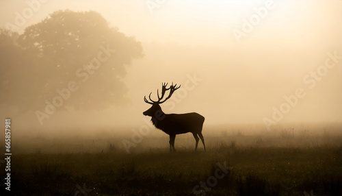 red deer stag silhouette in the mist © Enzo