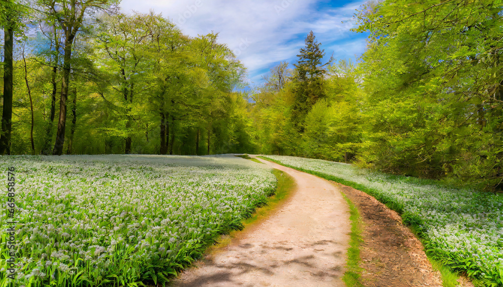 spring forest scene with a winding path through fields of wild garlic allium ursinum lined with beeches and other deciduous trees saubrink oberberg nature reserve ith ith hils weg germany