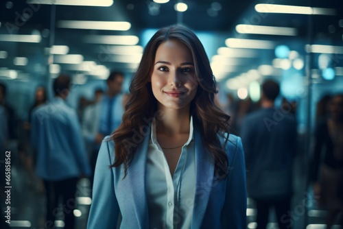 A successful woman with supporters blurred in the background