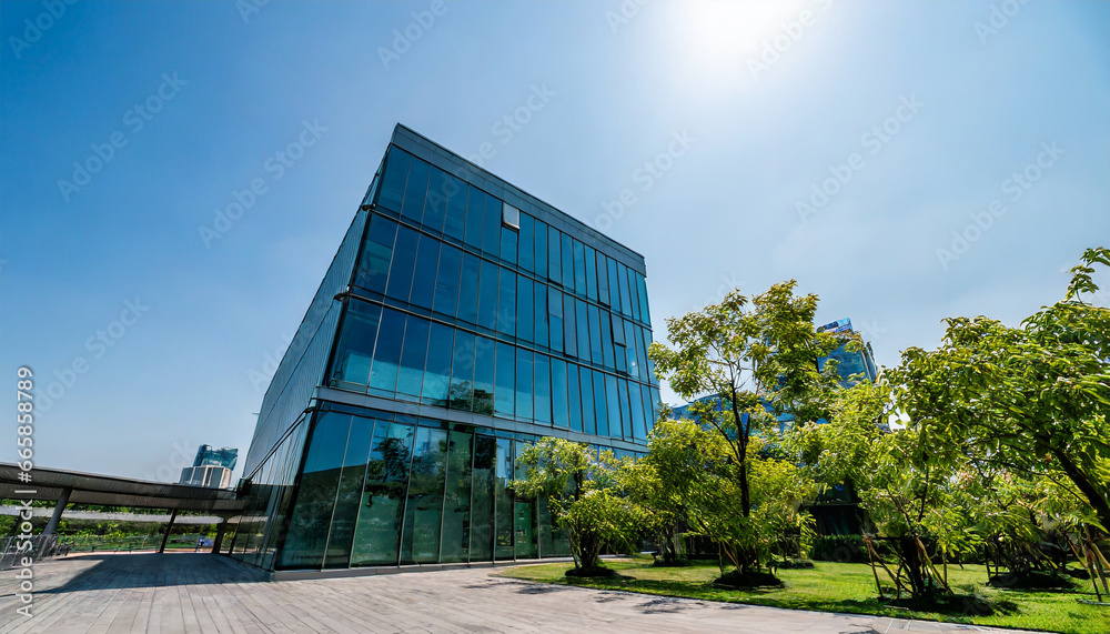 sustainable glass office building with trees for reducing carbon dioxide eco friendly building in modern city office with green environment corporate building reduce co2