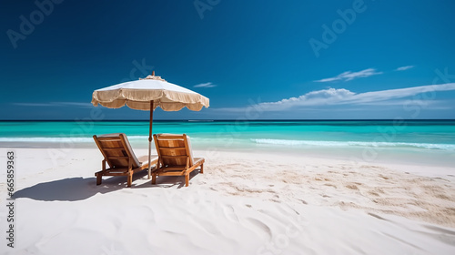 lounge chairs and umbrella on the beach on a sunny day photo