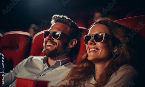 A happy couple on a date in a cinema watching a movie
