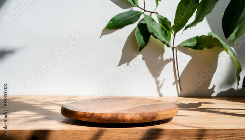 realistic 3d render background for products overlay close up of a round empty teak wood table with sunlight and leaves shadow on white wall behind organic beauty natural concept mock up podium