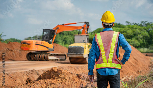 asian civil engineers inspecting laterite soil for road construction improvement base road work inspection of each layer of laterite soil landfilling near vibratory roller compactor machine