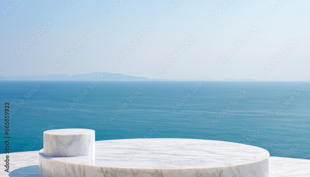White marble podium with sea view  - obrazy, fototapety, plakaty 