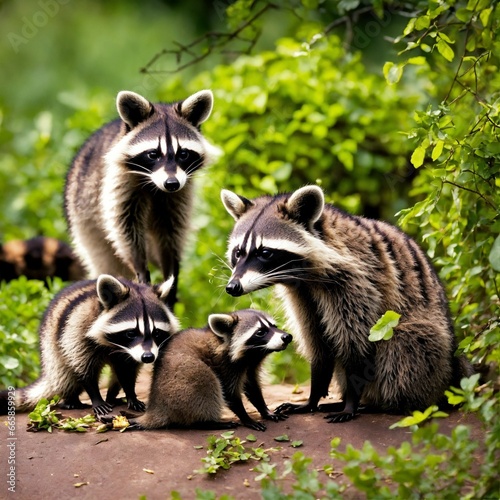 A raccoon family having a nice meal