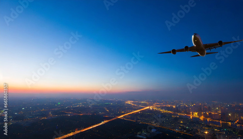 airplane is flying in colorful sky over the city at night