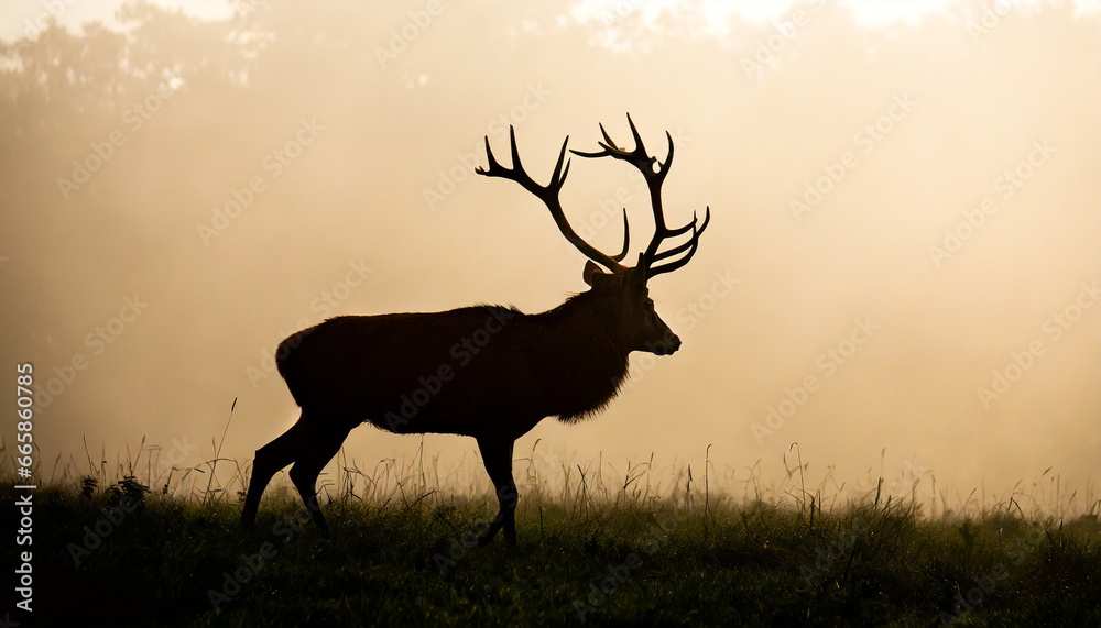 red deer stag silhouette in the mist
