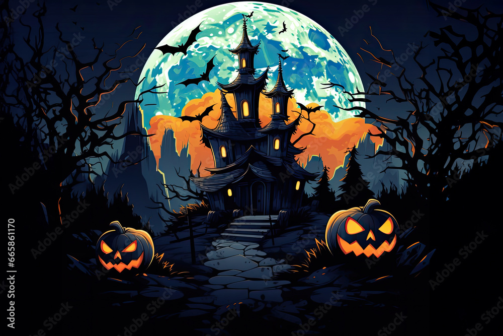 A spooky Halloween background themed 404 Timeout Error webpage design, with vector graphics featuring a haunted house, bats, a full moon, Vector Art, Adobe Illustrator