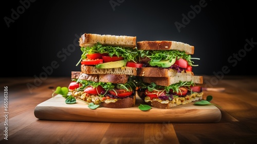 Close-up of vegan sandwiches on wooden table in the kitchen background.