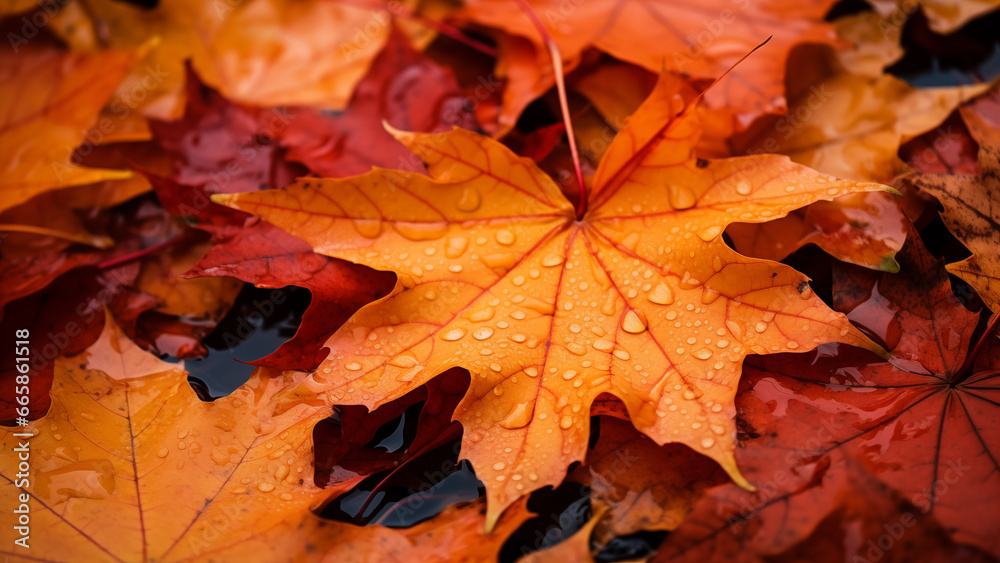 Close-up shot of maple tree leaves after an autumn rain.
