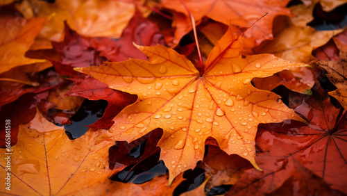 Close-up shot of maple tree leaves after an autumn rain.