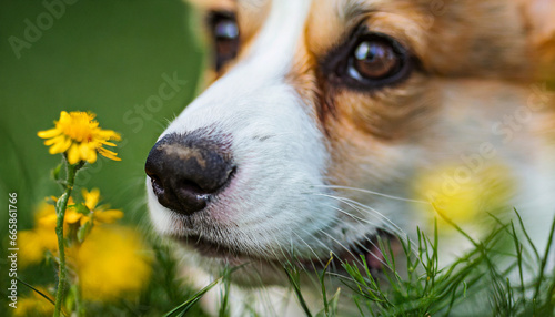 corgi puppy dog nose in green nature blossom field