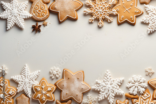 Top view Christmas background with gingerbread snowflakes cookies. Flat lay with copy space for text.