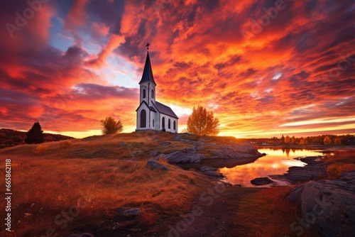 Sunset over the church spiritual inspiration © PinkiePie